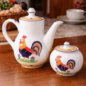 HEREND Hungary Village Pottery Handpainted Rooster Coffee Pot & Sugar Dish RARE